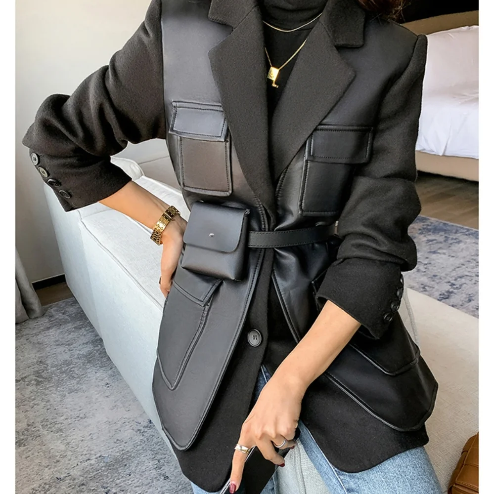 Autumn Black Patchwork Leather Jacket Women with Many Pockets Long Sleeve - Picture 1 of 10